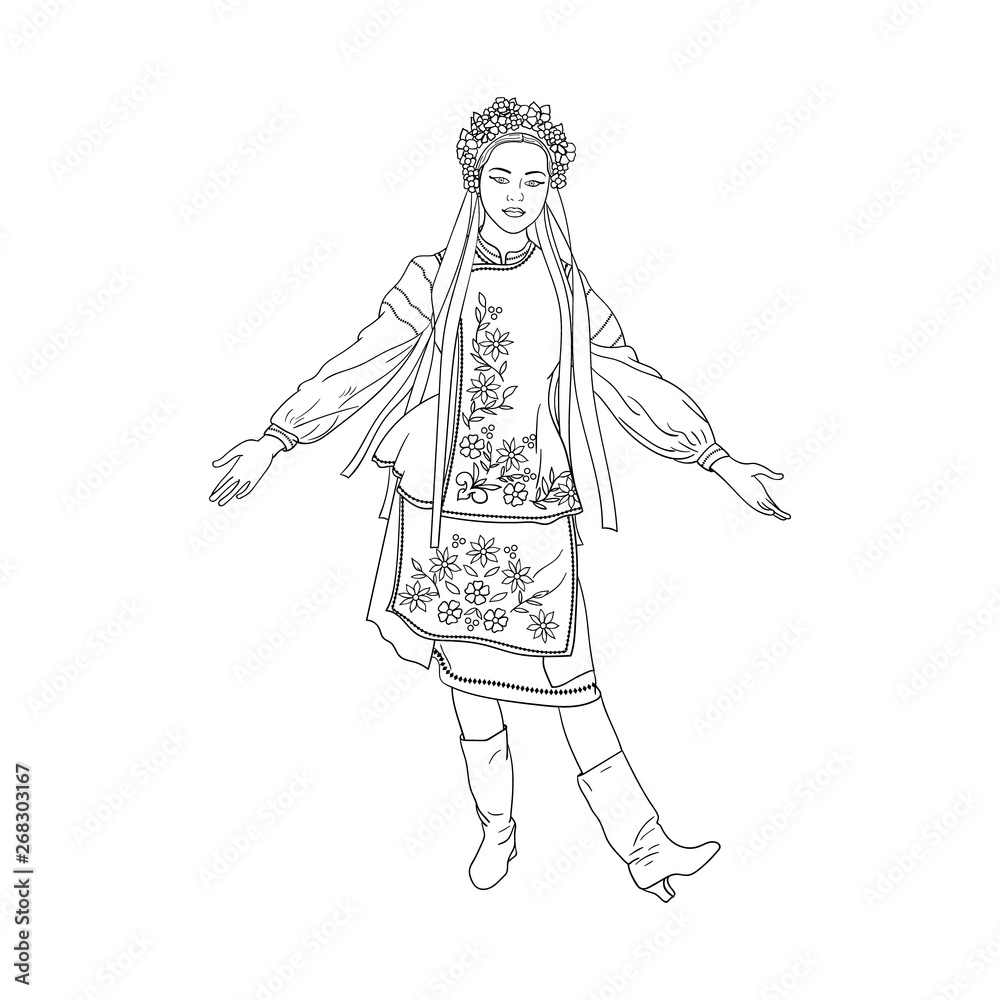 Hand drawn vector illustration ukrainian woman in traditional clothes for adult coloring book vector