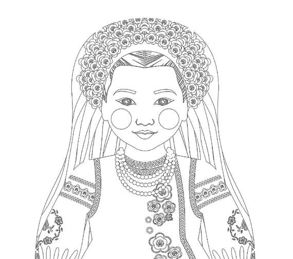 Ukrainian coloring sheet printable file traditional folk dress matryoshka doll