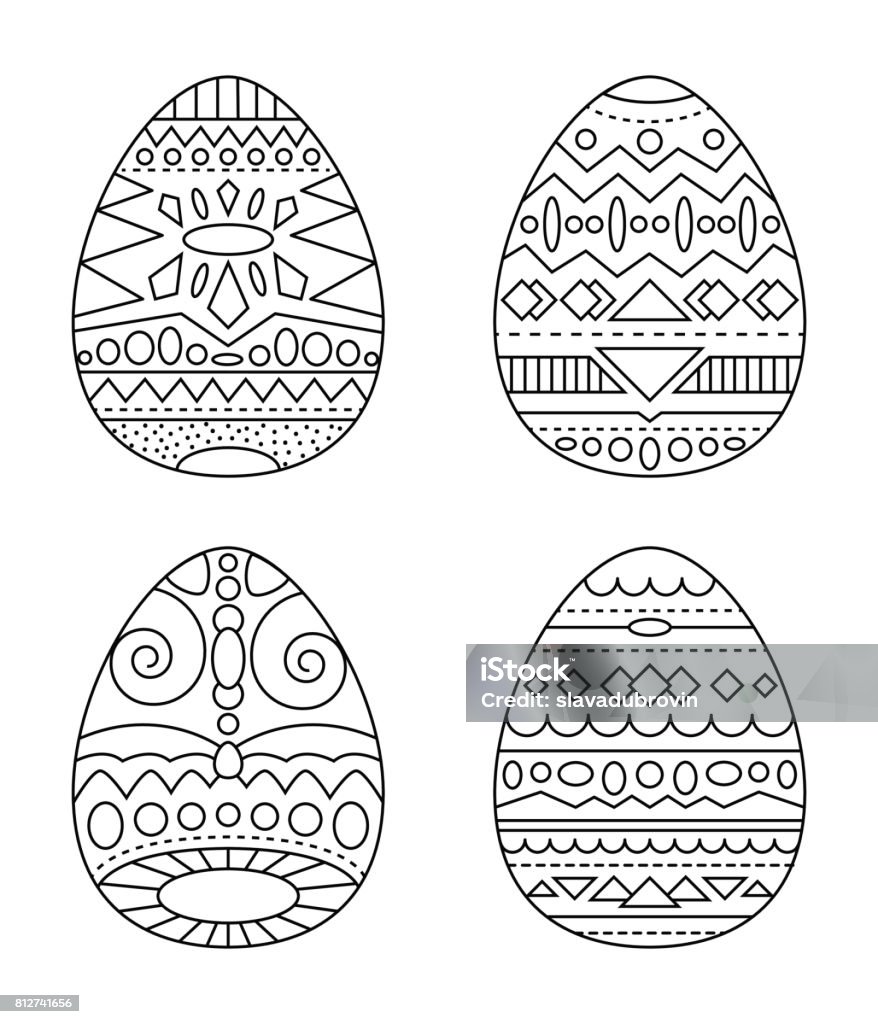 Easter eggs with tribal ornament vector coloring page black and white eggs with ethnic pattern clipart stock illustration