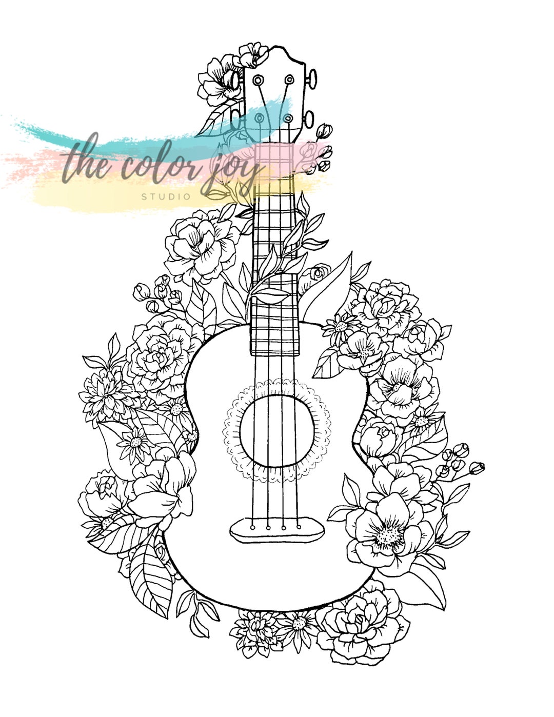 Floral ukulele printable coloring page