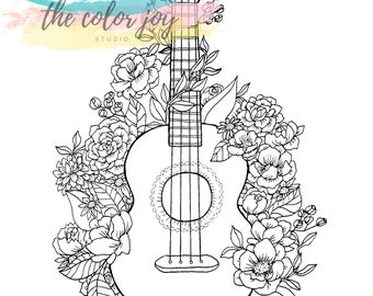 Floral ukulele printable coloring page