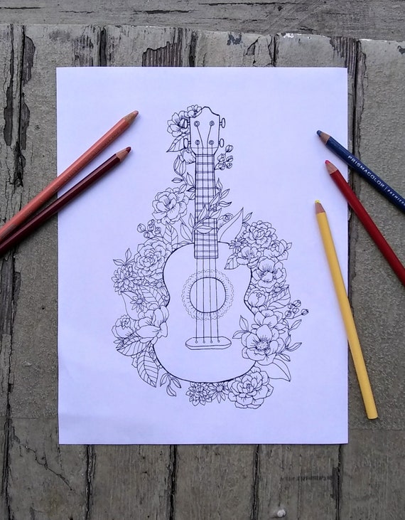 Floral ukulele printable coloring page