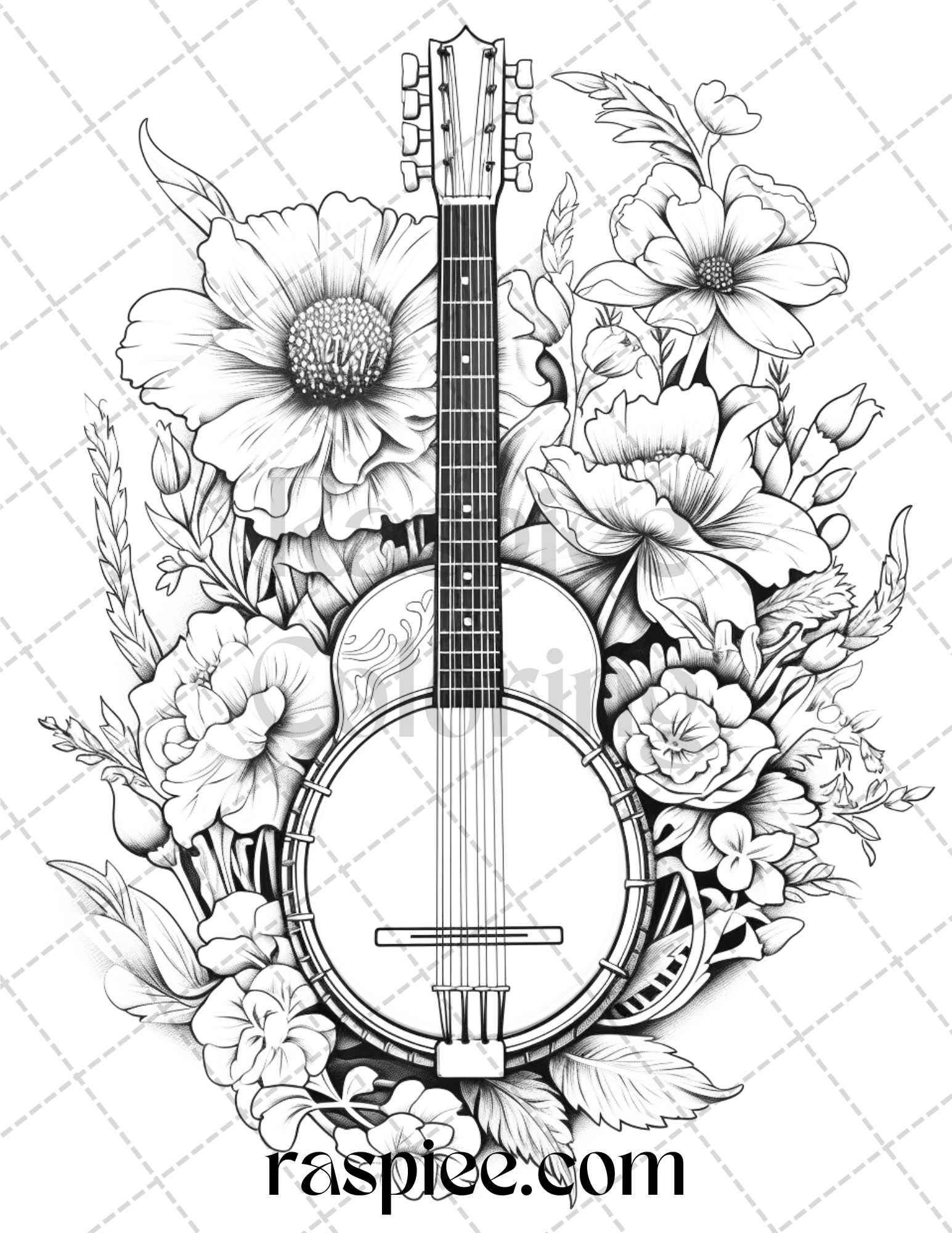 Musical instrument flower grayscale coloring pages printable for ad â coloring