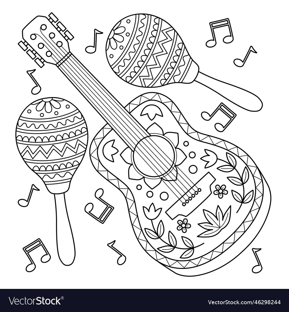 Cinco de mayo guitar and maracas coloring page vector image