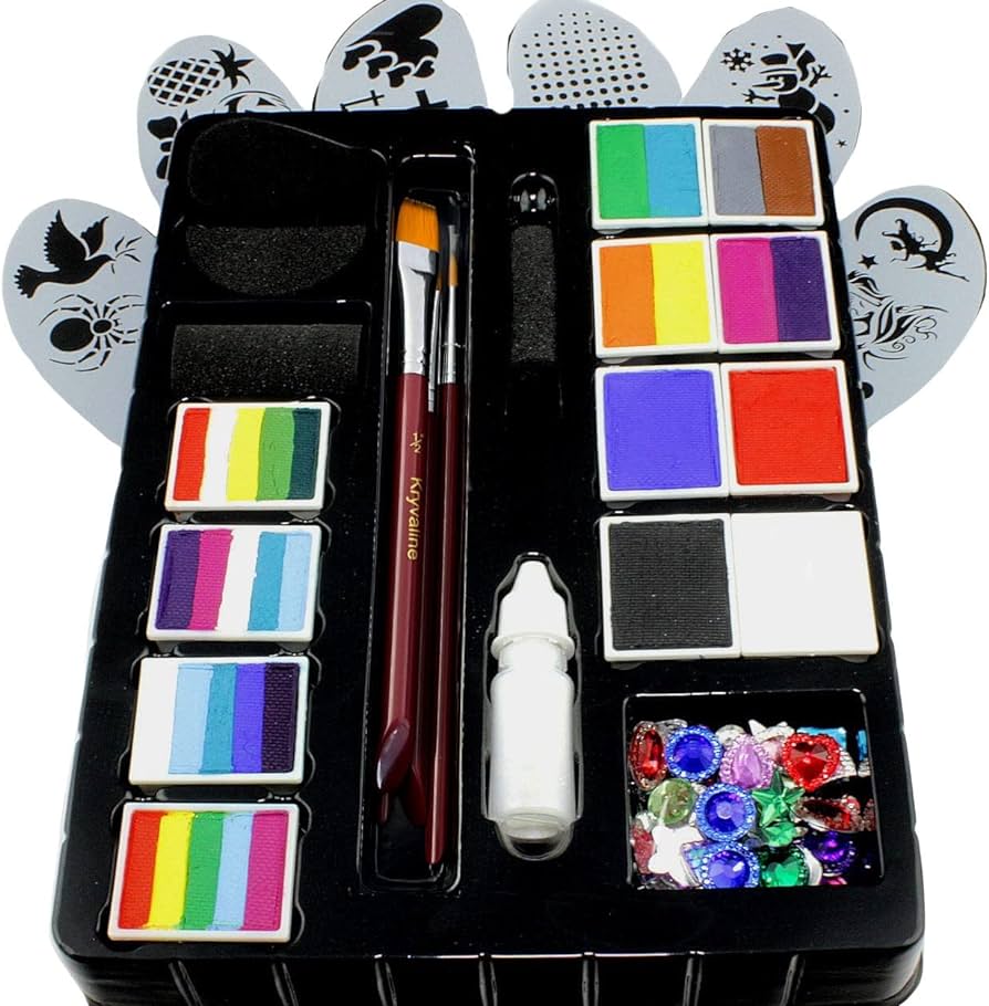 Face painting kit kryvaline professionals with stencils brushes and fine glitters in spill proof bottle plus skin jewels