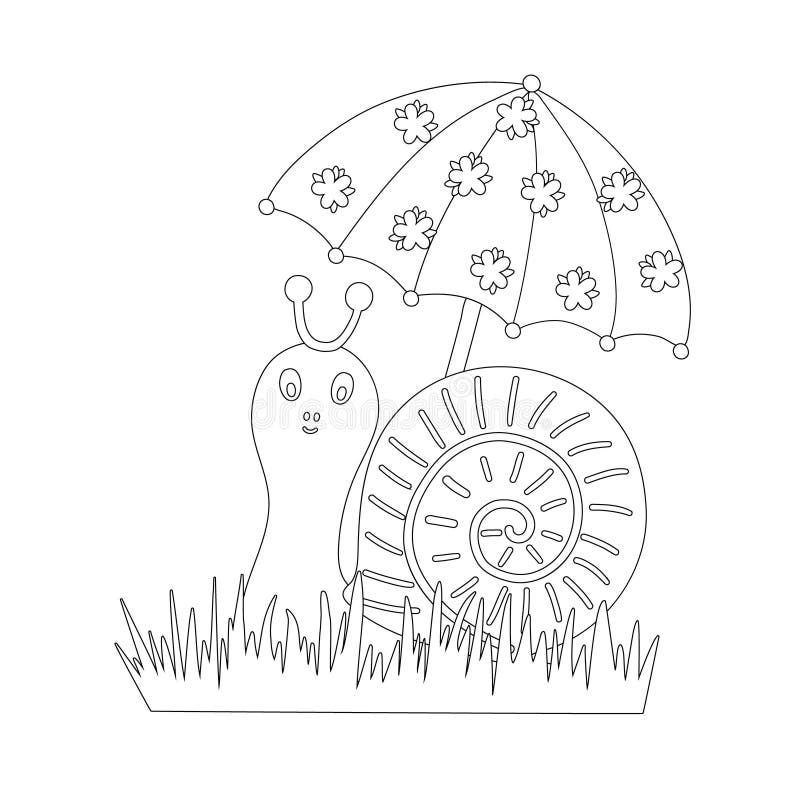 Cute snail with decorated umbrella simple outline cartoon coloring page vector illustration stock vector