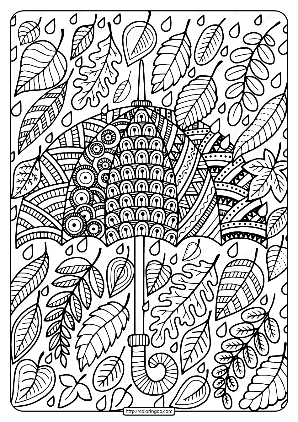 Printable umbrella and leaves coloring page