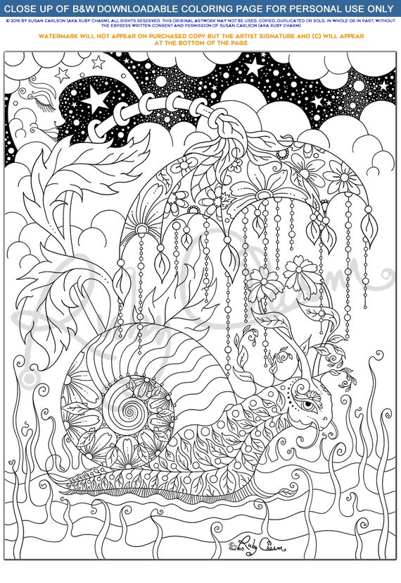 Snail under umbrella by ruby charm colors downloadable printable coloring page pdf adult colouring nature rain floral