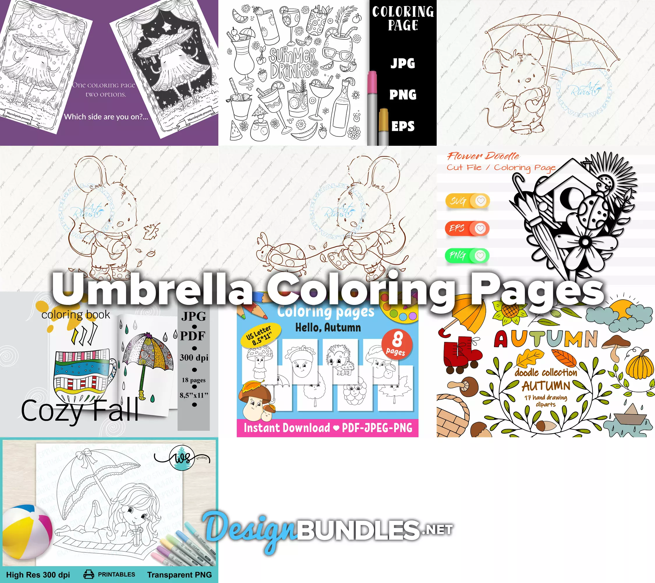 Umbrella coloring pages design bundles