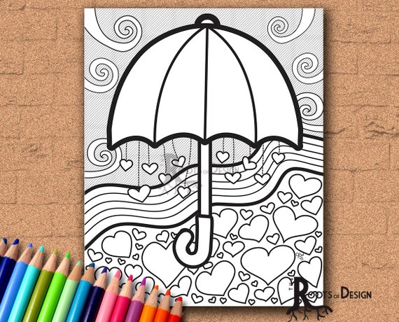 Instant download coloring page heart umbrella art coloring print zentangle inspired doodle art printable