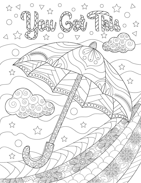 Premium vector floating umbrella with clouds stars colorless line drawing parsol floats into the sky with