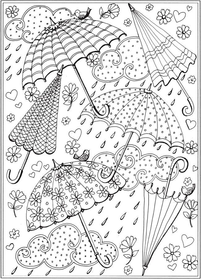 Spring rain umbrellas free printable coloring page from dover publications spring coloring sheets umbrella coloring page spring coloring pages