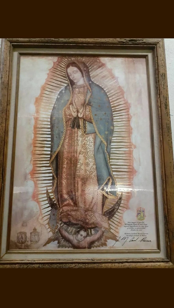 By litografia virgen maria de guadalupe en el ayate de juan diego certificada por el cardenal arzobispo primado de mexico