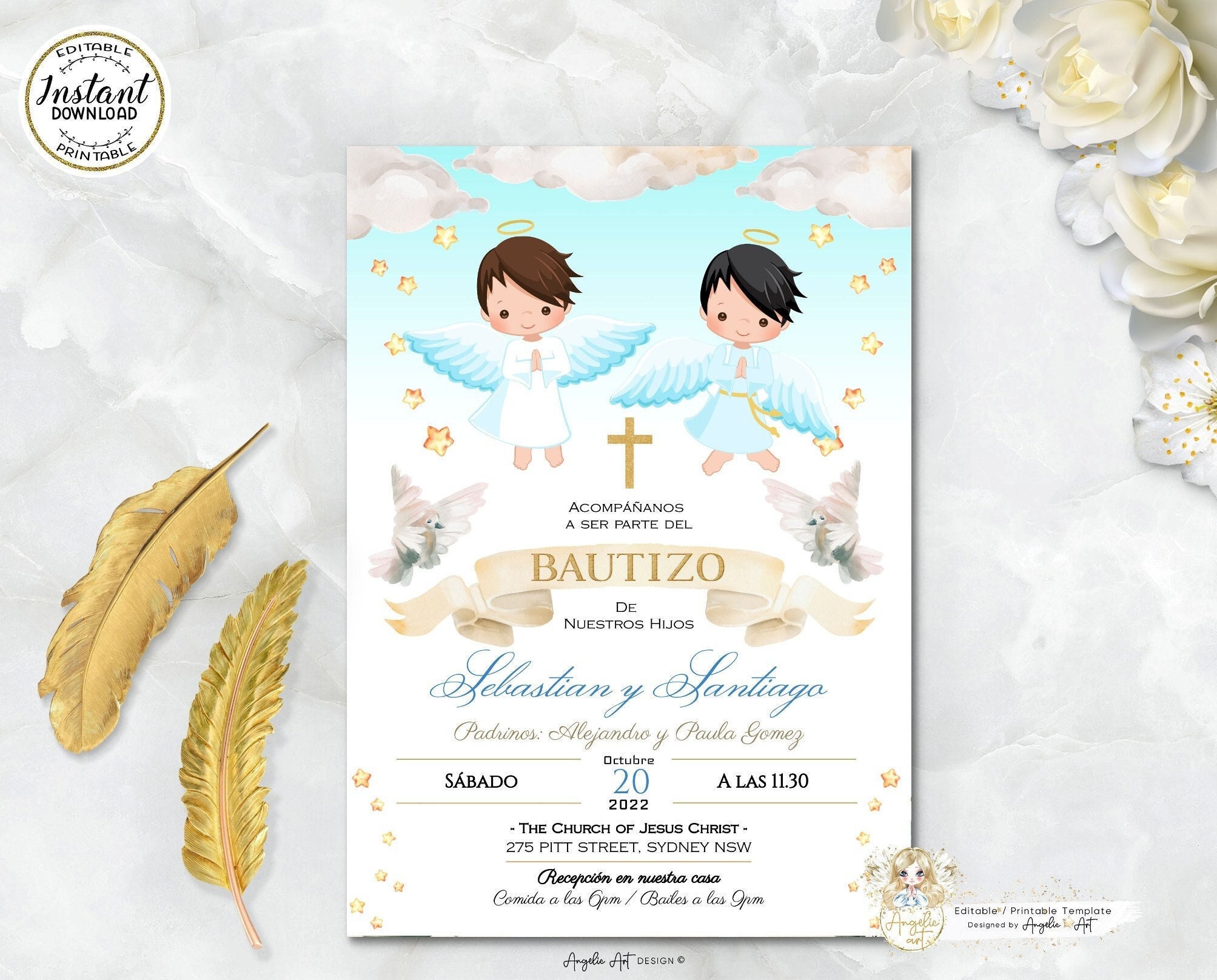 Invitaciones bautizo niãos invitacion de bautizo imprimible angelic baptism invitation boys hijos spanish editable invite