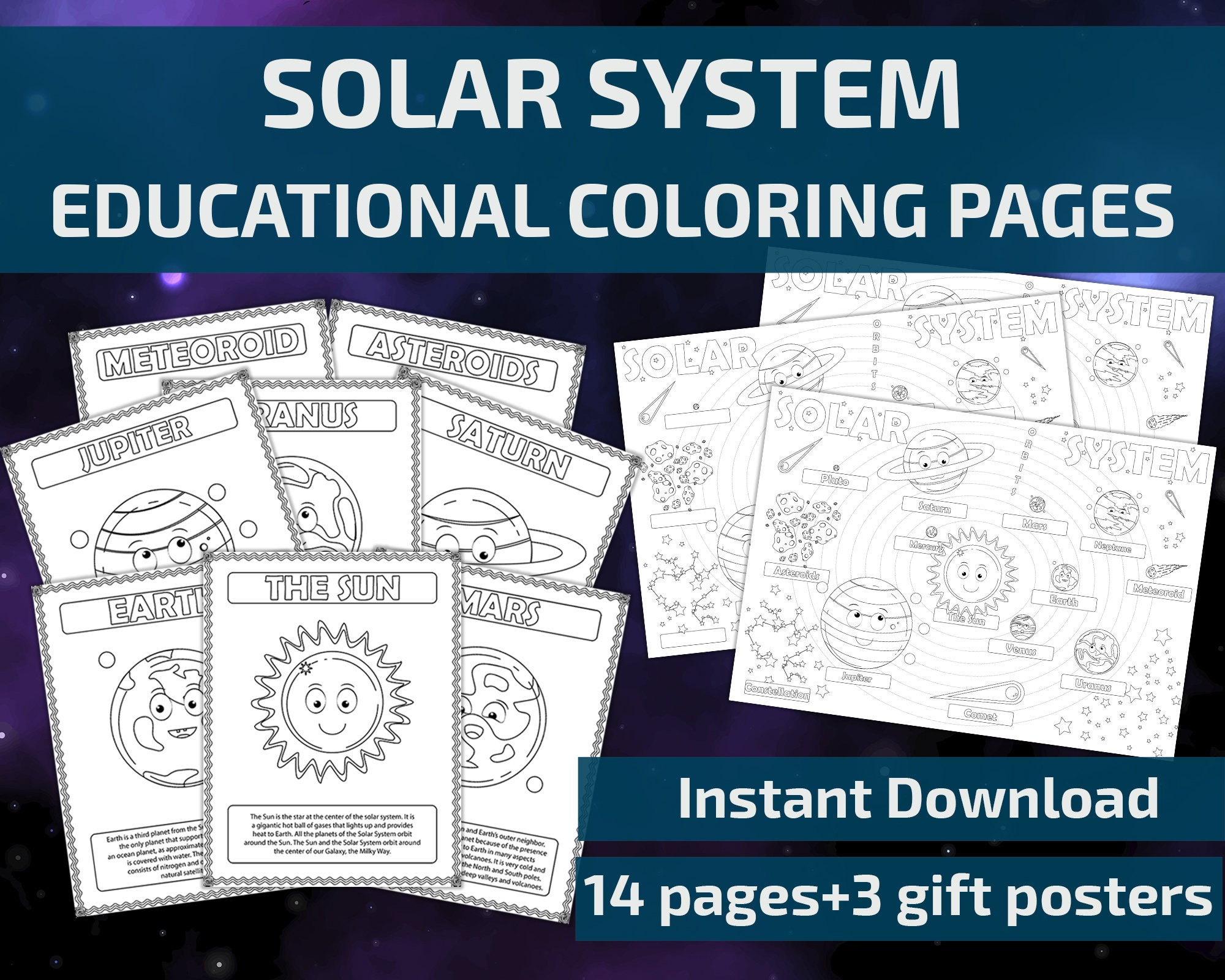 Pãginas para colorear del espacio exterior cartel del sistema solar descarga digital