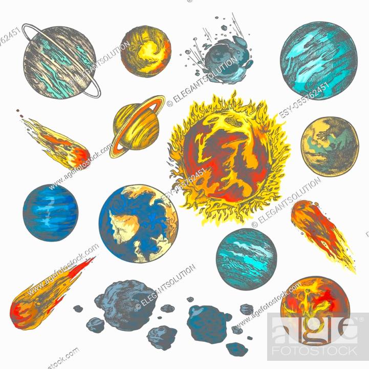 Planets outer space and solar system vector color pencil sketch icons foto de stock vector low budget royalty free pic y