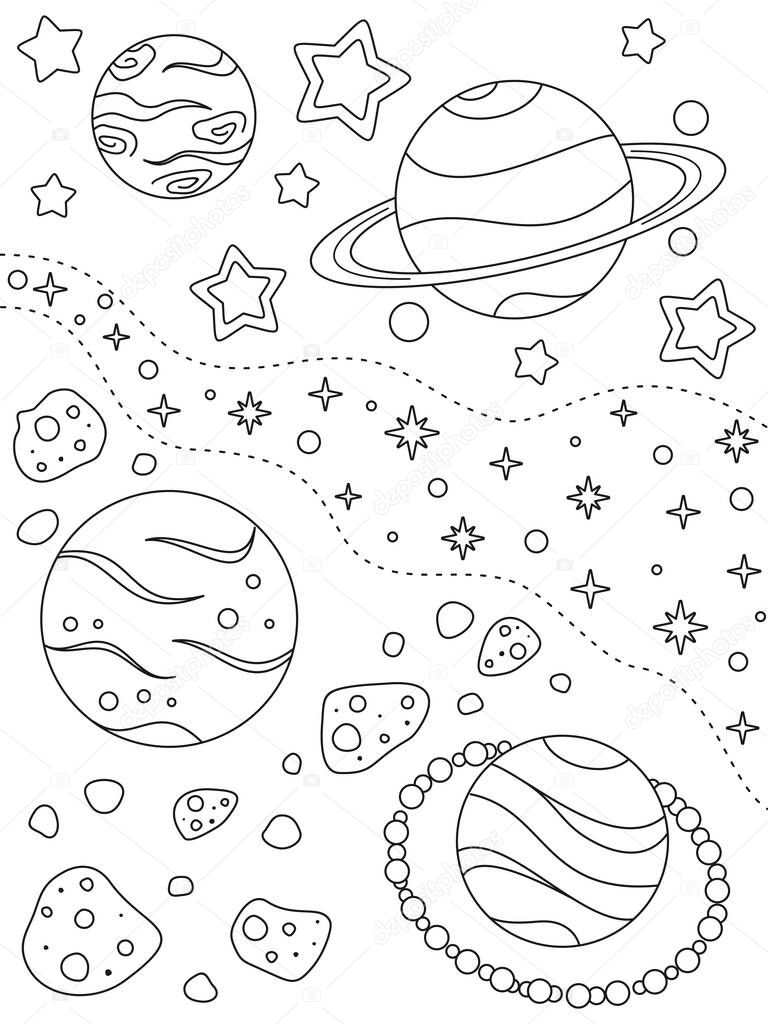 Dibujo para colorear con diferentes planetas asteroides nebulosas estrellas elementos vector de stock de mysticamailru