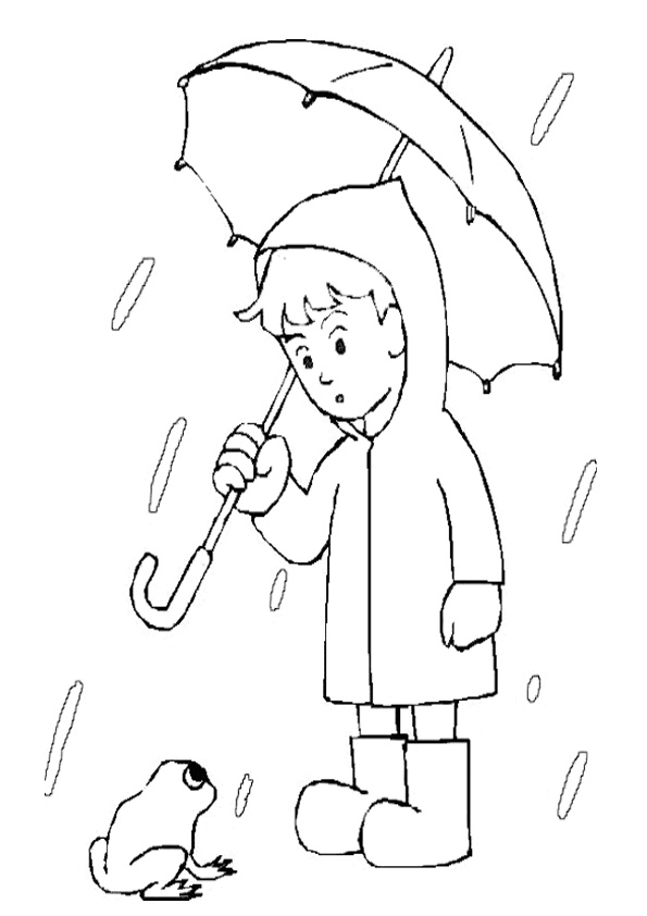 Coloring pages kids in rain with umbrella coloring page