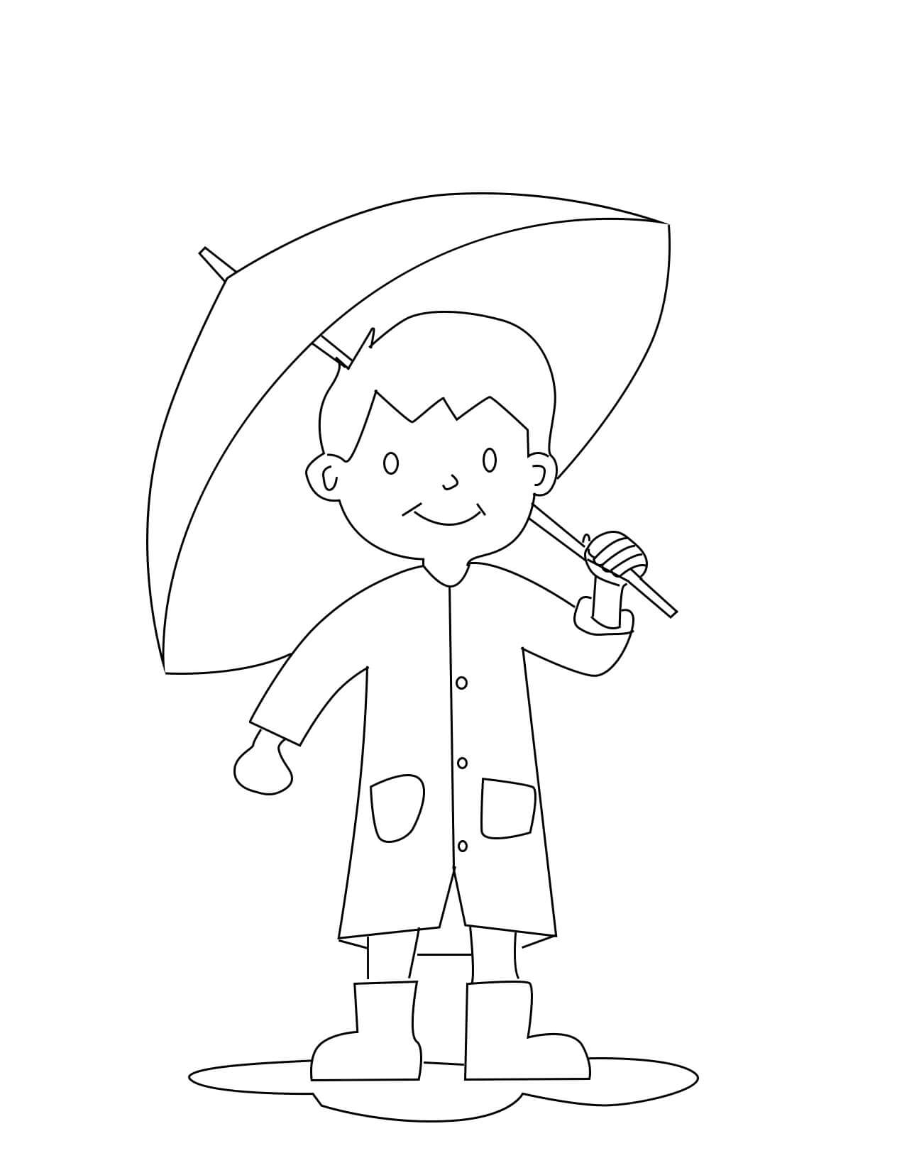 Smiling boy holding umbrella coloring page