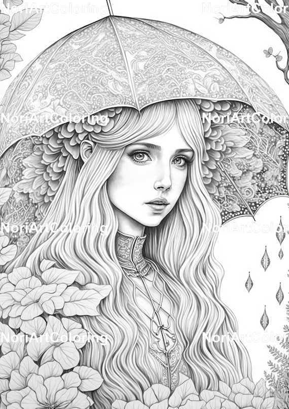 Grayscale beautiful woman with umbrella coloring page printable adult coloring pages download grayscale illustration printable pdf png instant download