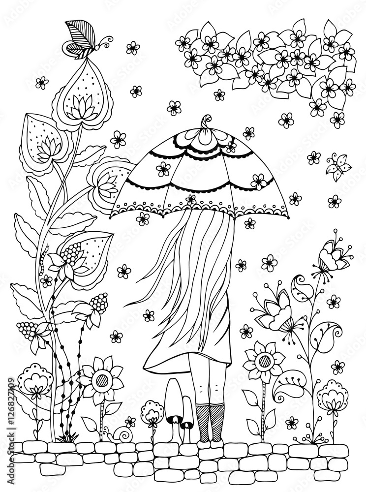 Vector illustration zen tangle a girl with an umbrella in the park doodle drawing coloring book anti stress for adults black and white vector