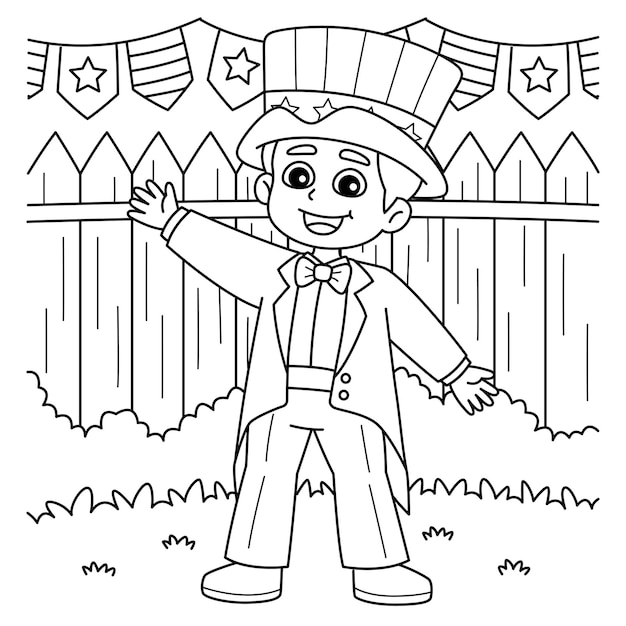 Premium vector th of july kid dress up uncle sam coloring page