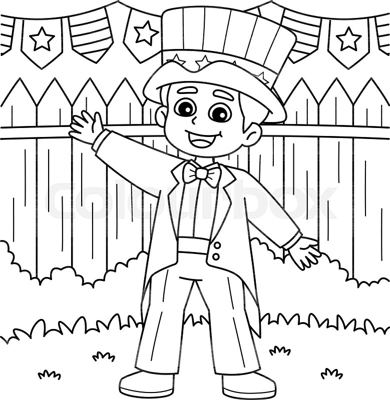 Th of july kid dress up uncle sam coloring page stock vector