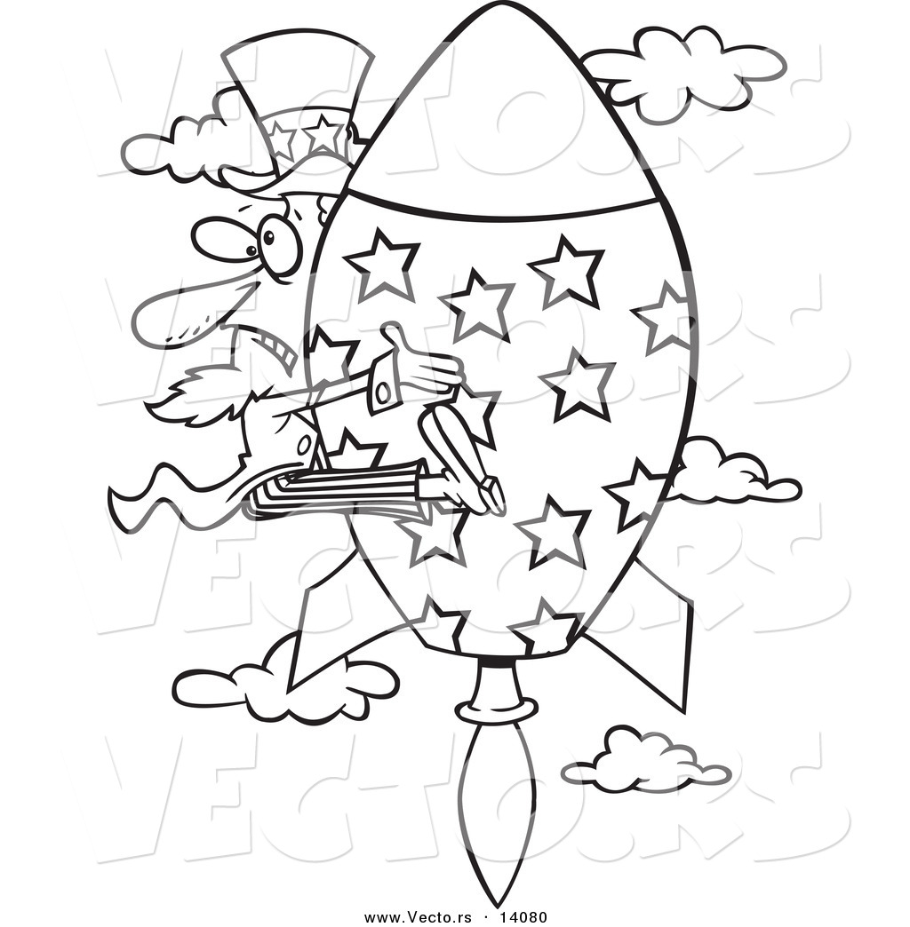 R of a cartoon black and white outline design of uncle sam shooting upwards on a rocket