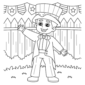 Premium vector th of july kid dress up uncle sam coloring page
