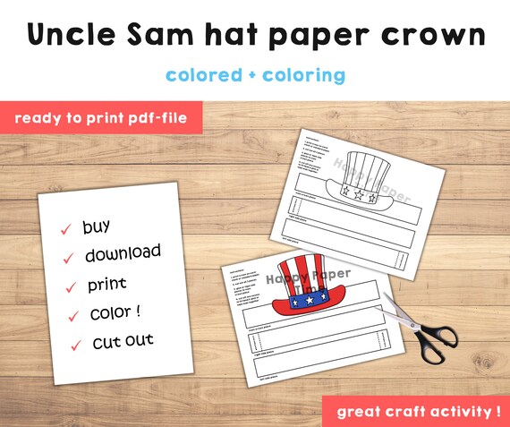 Uncle sam hat paper crown party coloring printable kids craft america th july party favor birthday decor pdf costume diy instant download download now