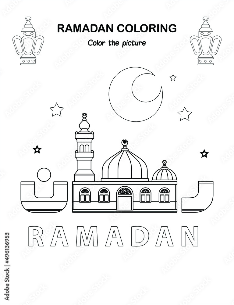 Beautiful mosque with moon and stars ramadan children coloring book pages islamic month ramadan worksheet sketch outline black and white pages kids education vector illustration vector