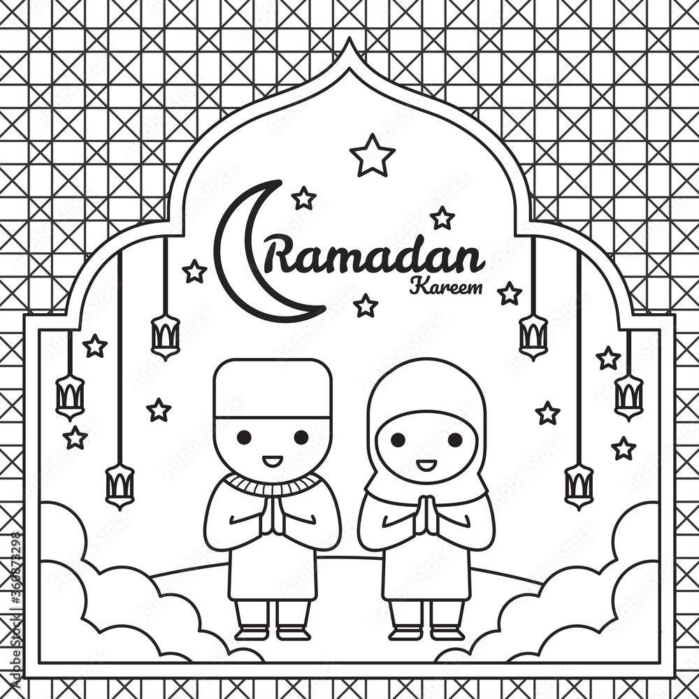 Ramadan kareem two small children coloring pages are the crescent moon the lanterns the twinkling stars traditional ramadan celebration free hand drawing sketches for childrens coloring books vector