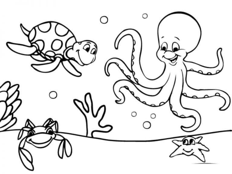 Happy animals under the sea coloring page