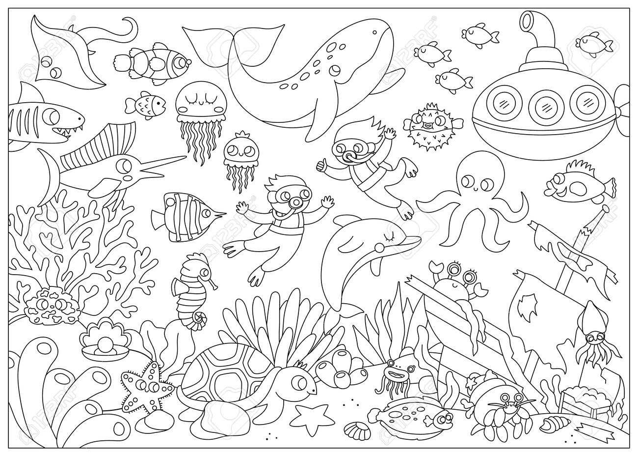 Vector black and white under the sea landscape illustration ocean life line scene with animals dolphin whale submarine divers wrecked ship horizontal water nature background coloring page royalty free svg cliparts vectors