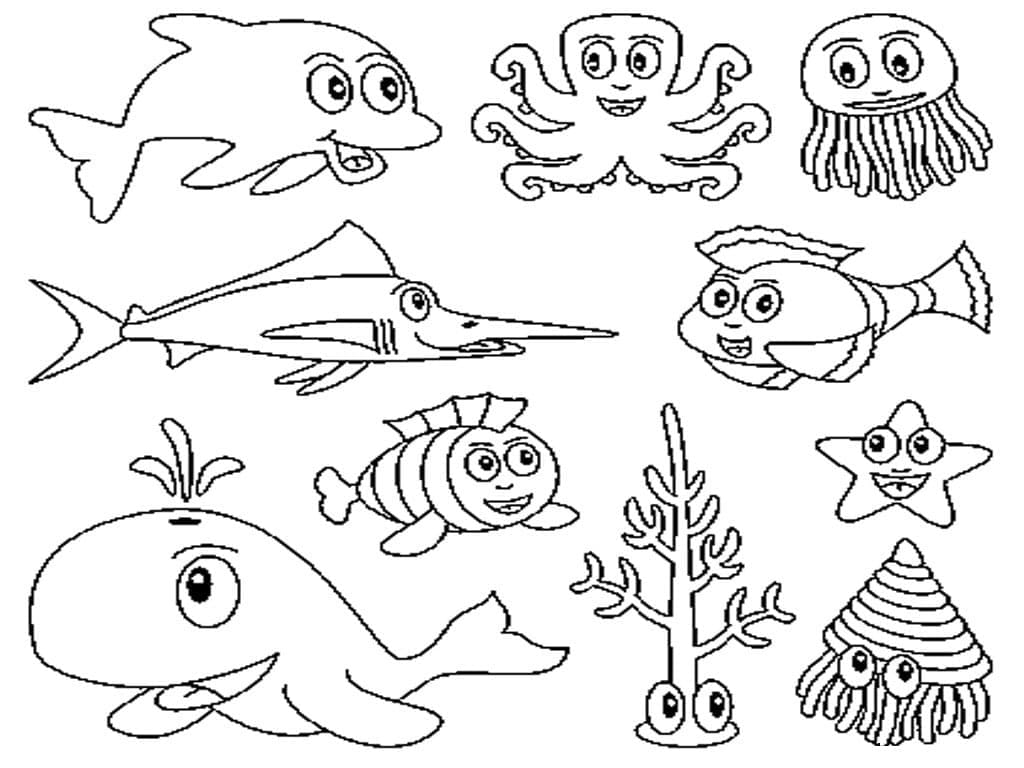 Cute animals under the sea coloring page