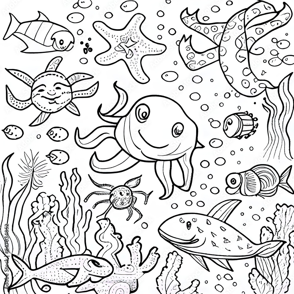 Coloring pages for kids under the sea cute marine life illustration