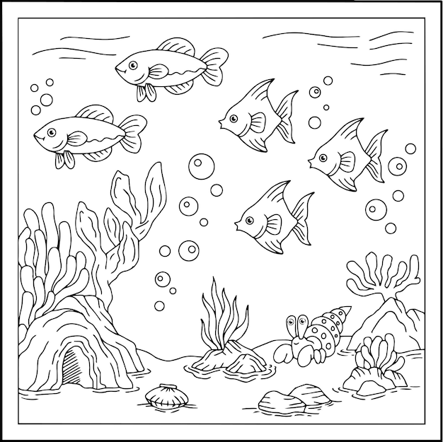 Premium vector design vector fish under sea coloring page for kid outline
