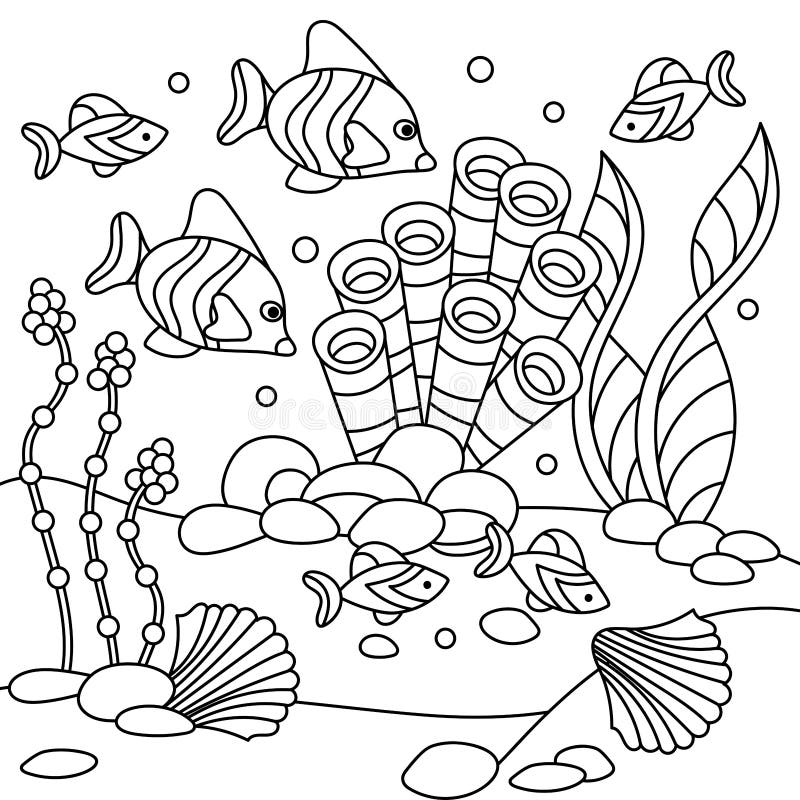 Underwater coloring book page for adult and older children fish and coralalgae seaweed under sea world stock vector