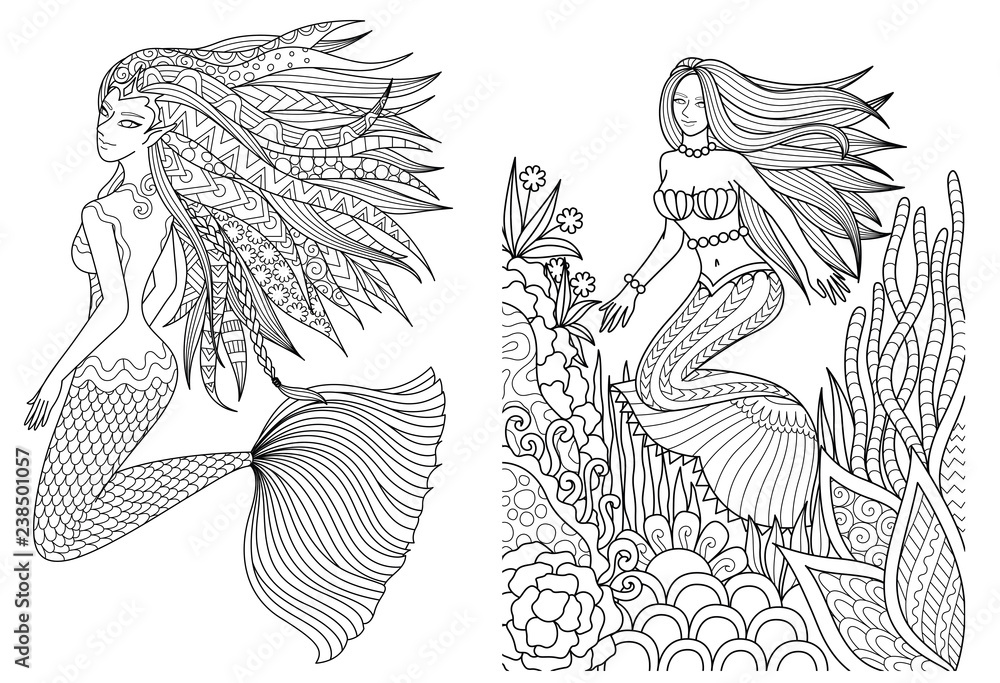 Beautiful mermaids swimming under the sea setfor adult coloring book coloring pages coloring pictures vector illustration vector