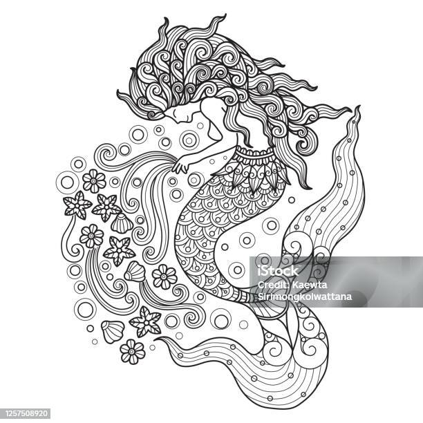 Doodle mermaid under the sea s adult coloring page illustration style stock illustration