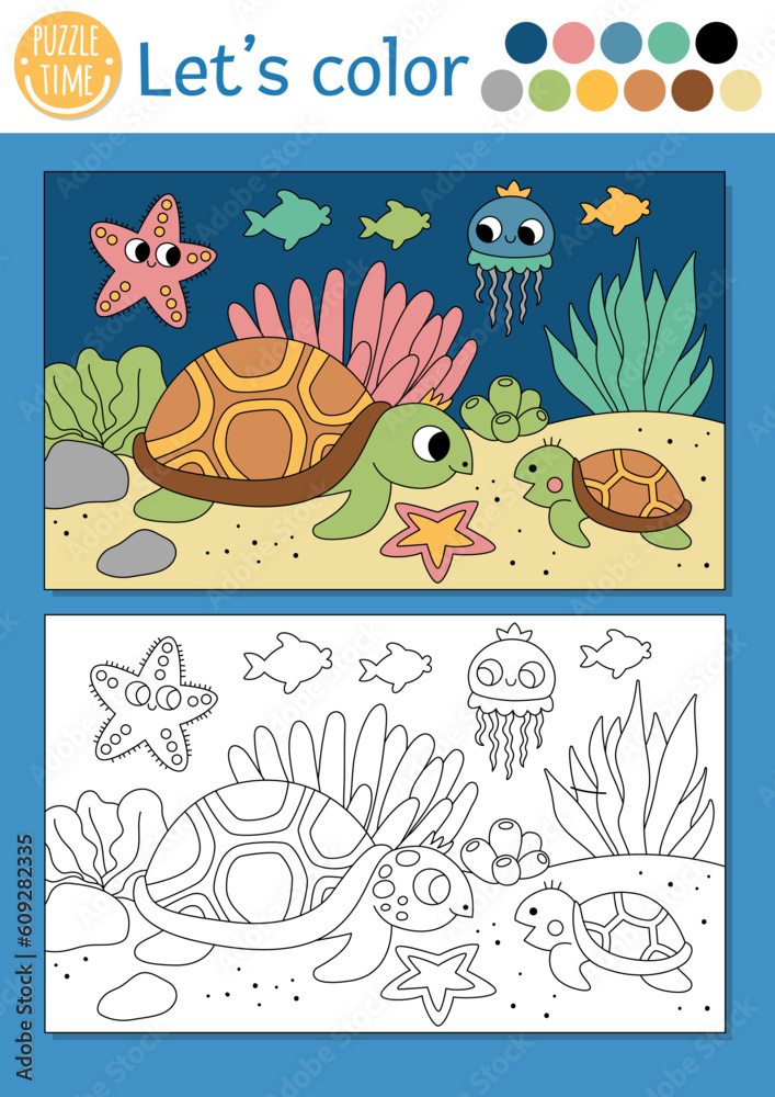 Under the sea coloring page for children with tortoise underwater scene vector ocean life outline illustration color book for kids with colored example drawing skills printable worksheet vector