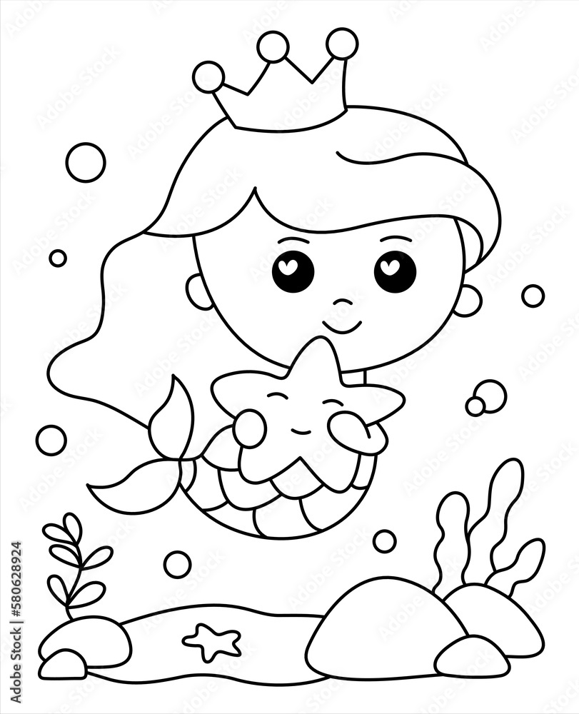 Princess mermaid coloring book under the sea with a cute star fish cartoon mermaid for coloring page activity black and white cartoon illustration vector