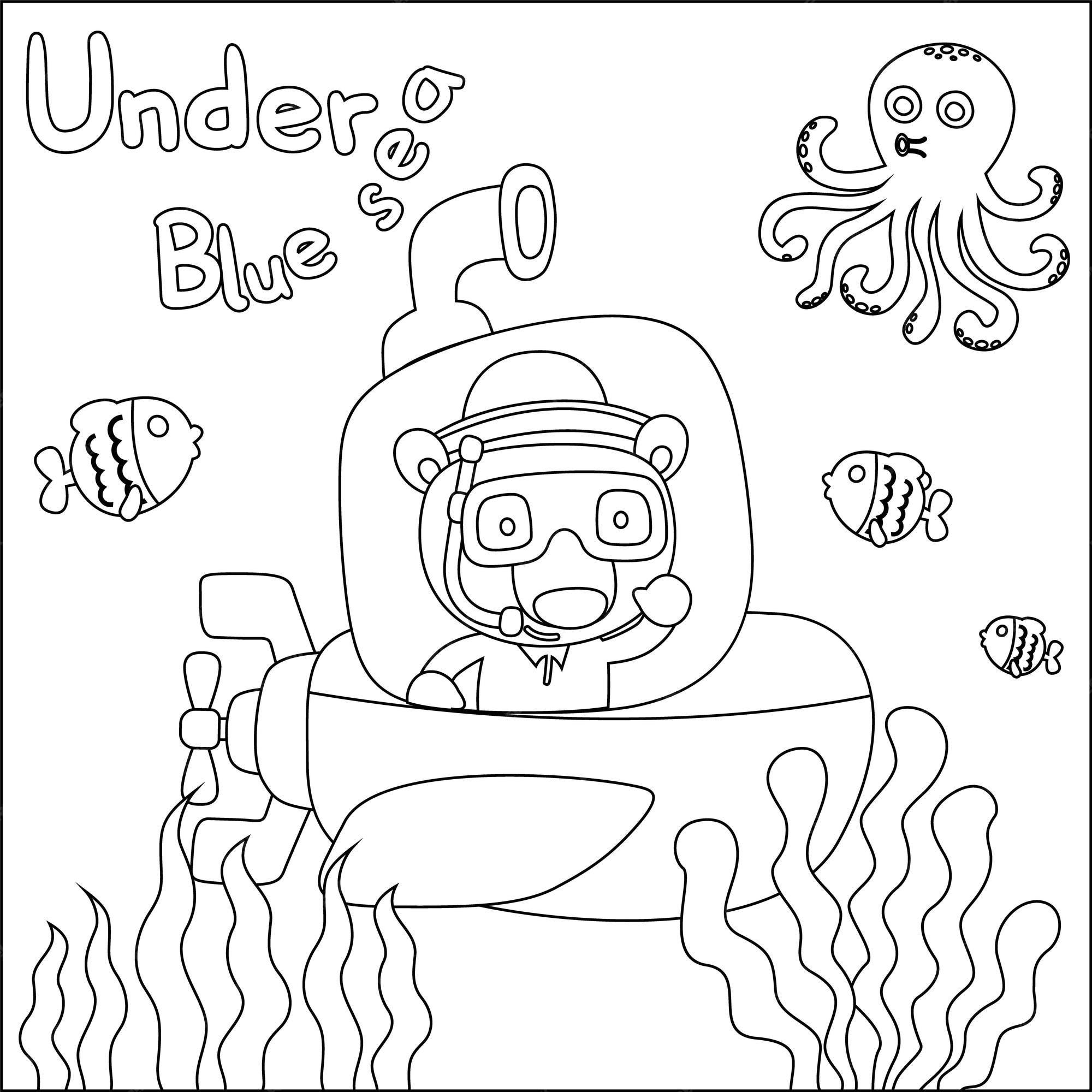 Premium vector a drawing of a diver in a diving suit and a fish coloring book