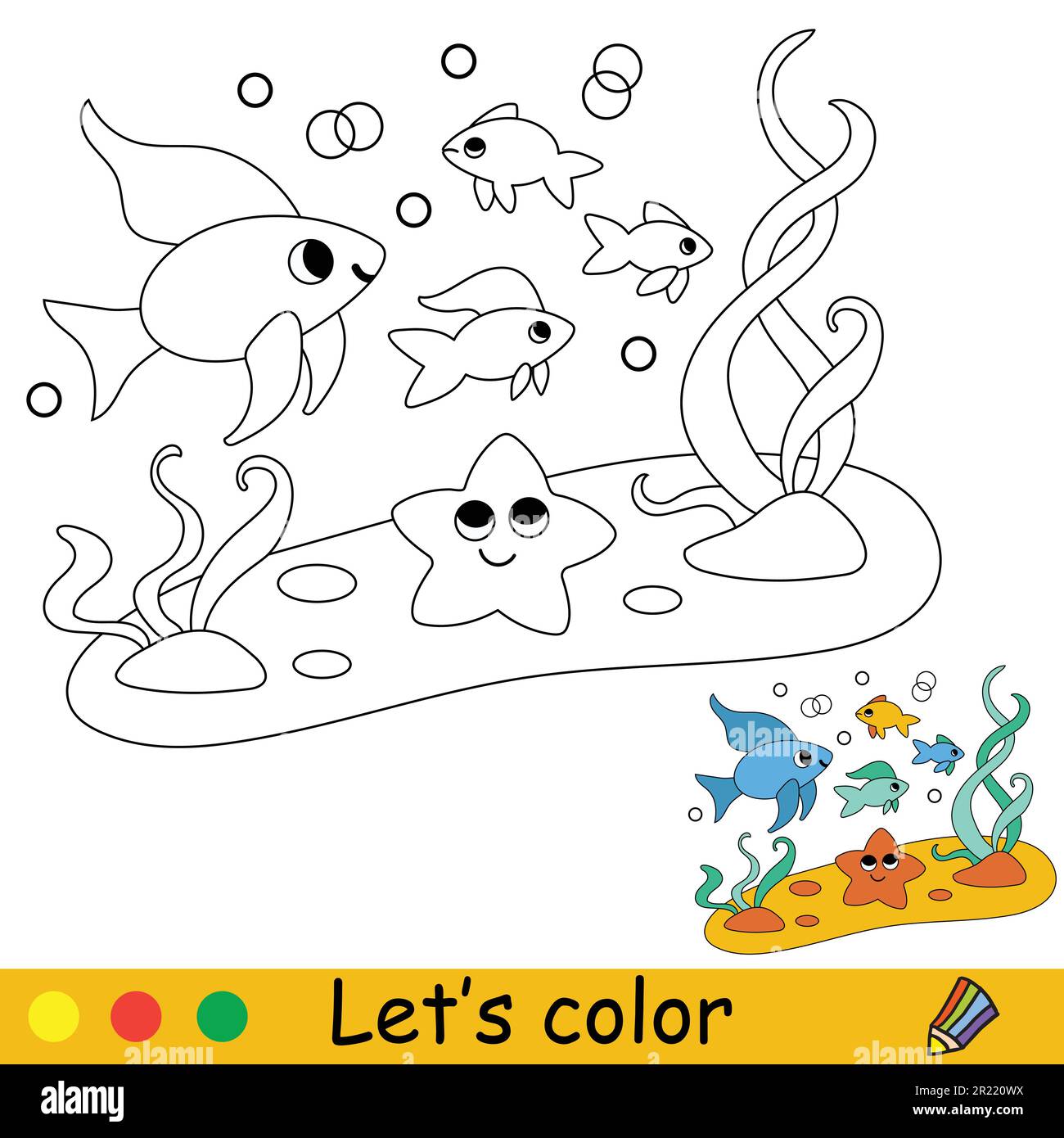 Cute happy sea fish vector cartoon illustration kids coloring page with a color sample for print design poster sticker card decoration and t s stock vector image art