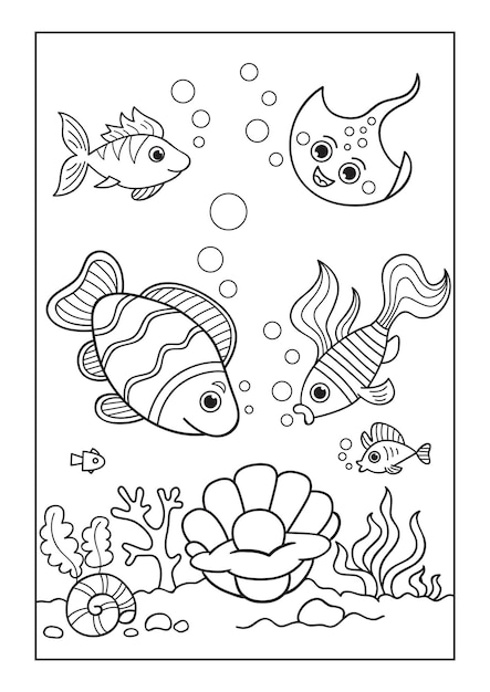 Premium vector fish and rays swim under the water at the bottom is a shell with a pearl black and white vector illustration for coloring book