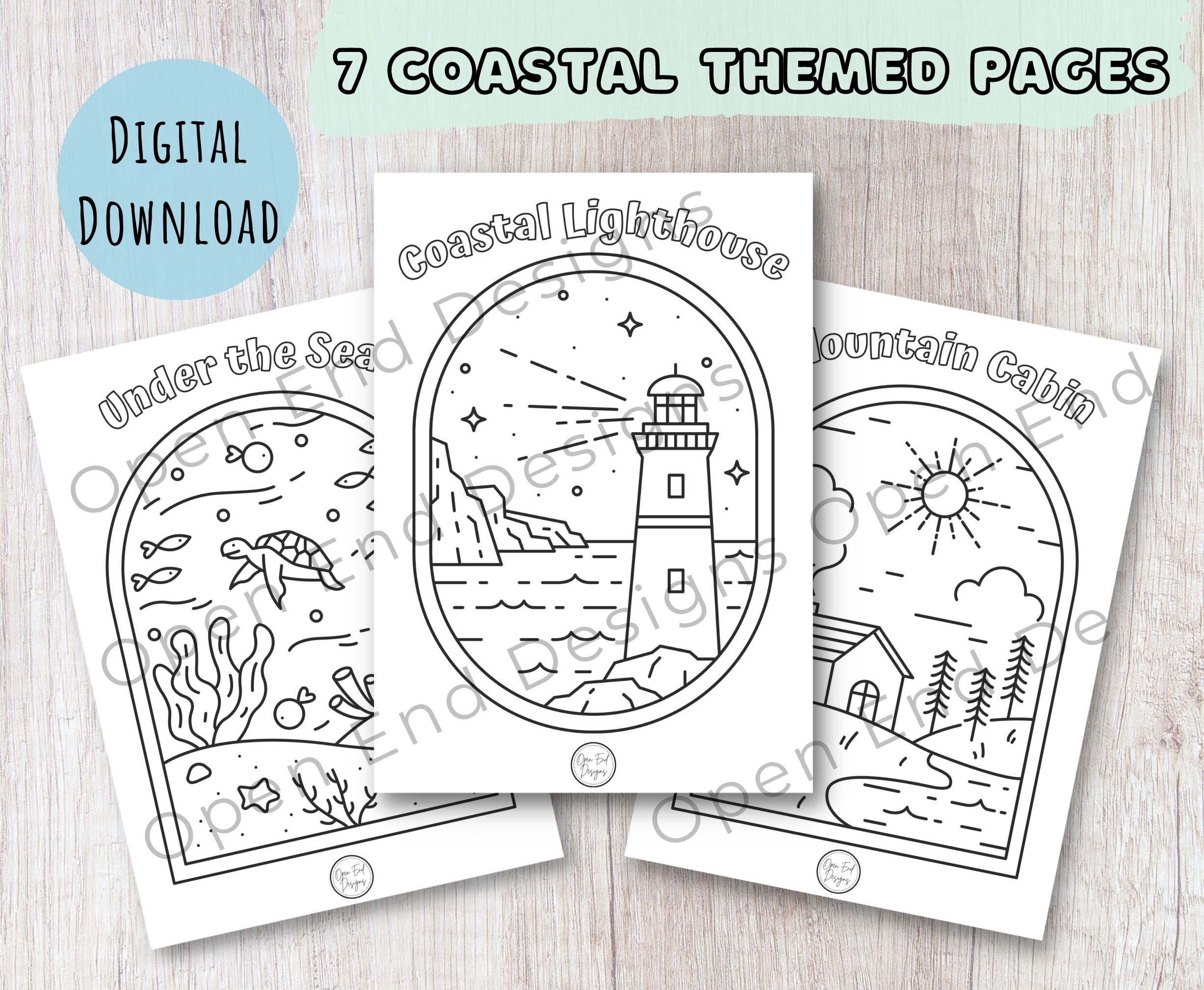 Coastal coloring pagesinstant download printable coloring pages ocean coast mountain themed kids coloring seven pages