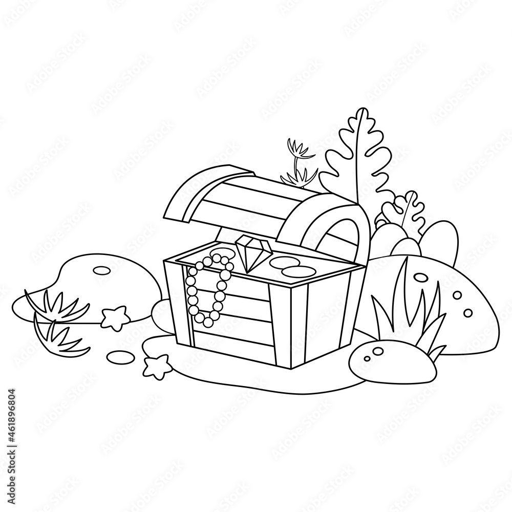 Coloring page outline of cartoon pirate chest with gold jewel or gem and diamond sunken treasure marine underwater world coloring book for kids vector