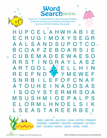 Word search for kids under the sea worksheet educationcom sea activiti under the sea under the sea crafts