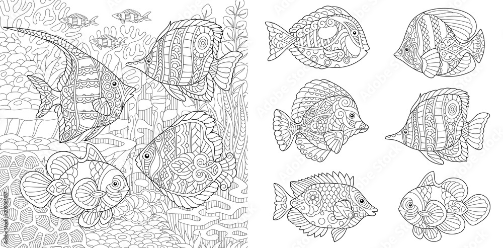 Underwater ocean world shoal of tropical fishes of different species coloring pages adult coloring book idea antistress freehand sketch collection vector