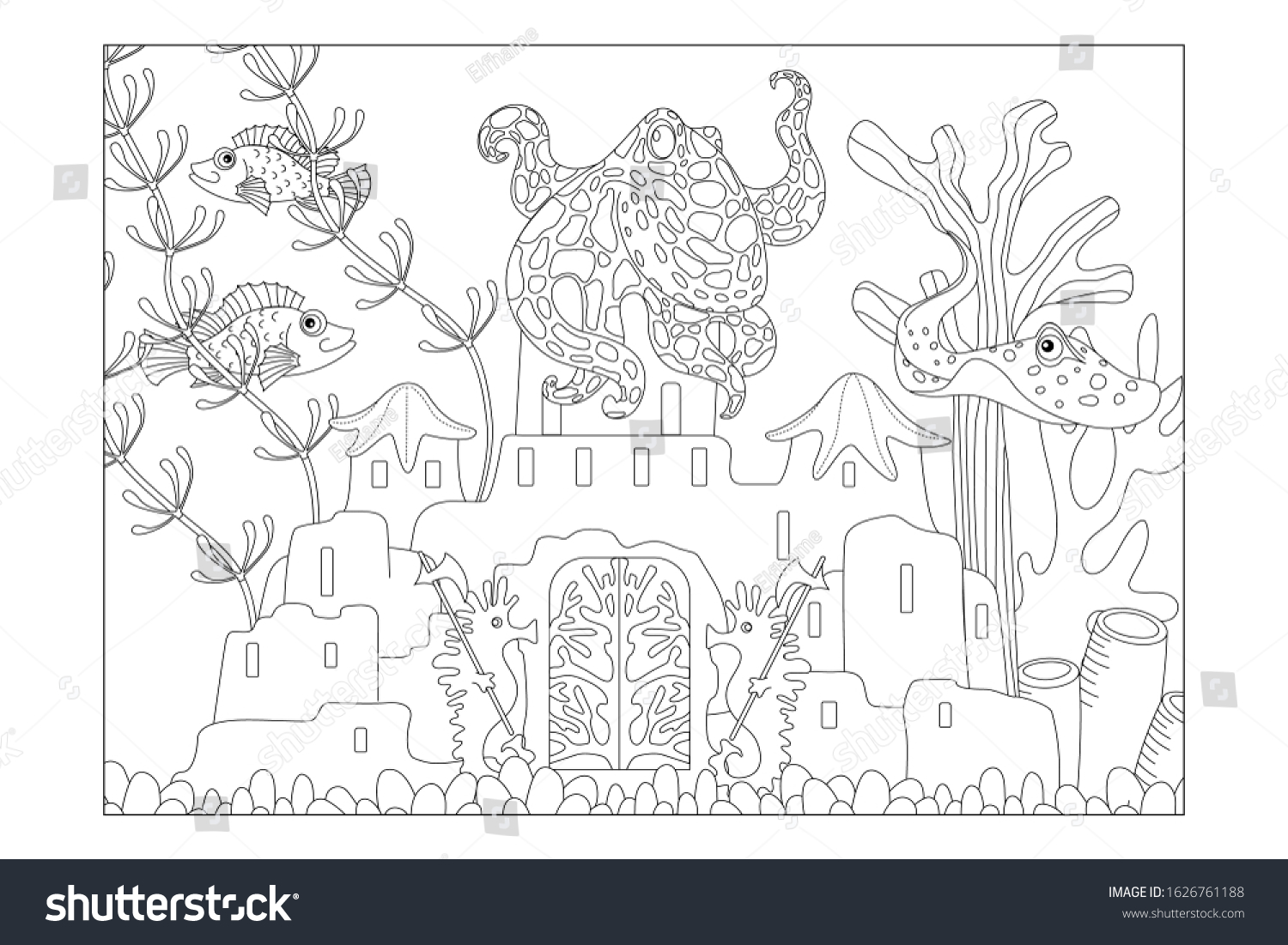 Coloring sheet children underwater landscape castle stock vector royalty free